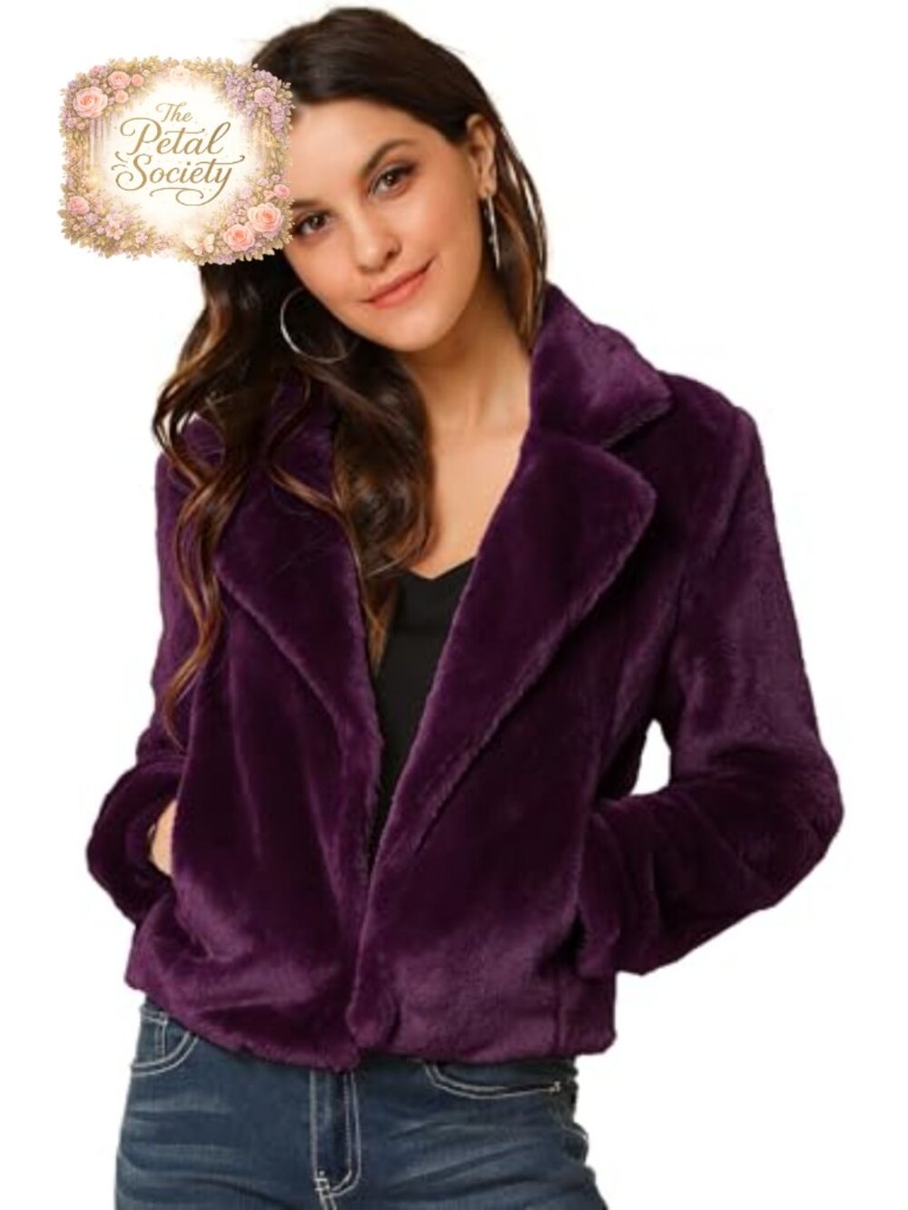 Womens Cropped Faux Fur Jacket Notch Lapel Winter Coat